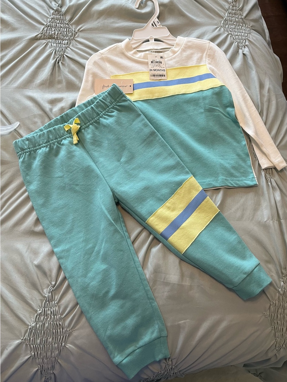 First Impressions Teal Two-Piece Sweat Set with Yellow & Light Blue Stripes
